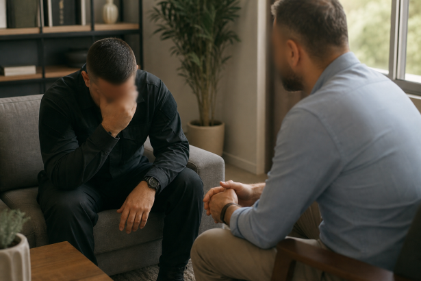 Profissional de segurança pública participa de atendimento de apoio psicológico em ambiente institucional