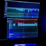 Estúdio de gravação moderno com duas telas exibindo software de edição de áudio sob iluminação azul.
